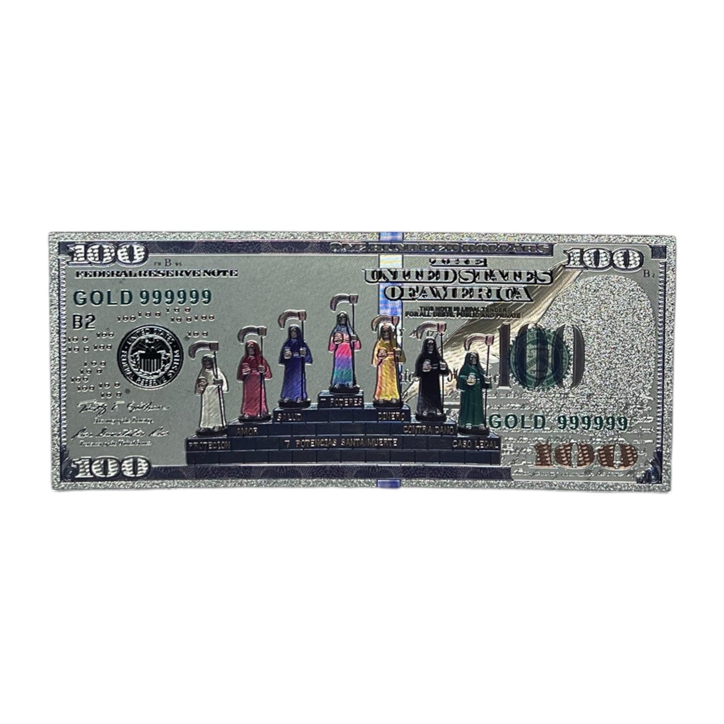 Santa Muerte 100 Dollar Bill Replica Silver Bank Note